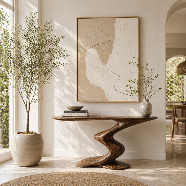 Sculptural Console Table – Solid Wood Curved Base Table for Entryway Decor Hover Image