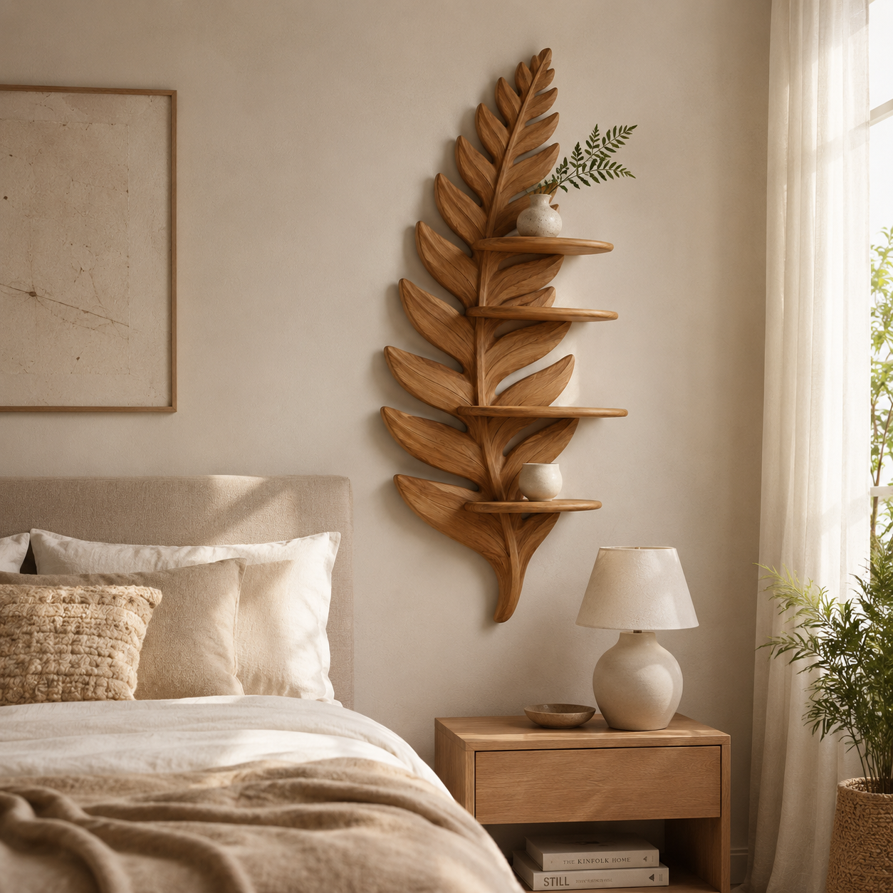 Fern Leaf Wood Wall Shelf – Solid Wood Floating Display Shelf for Living Room Decor
