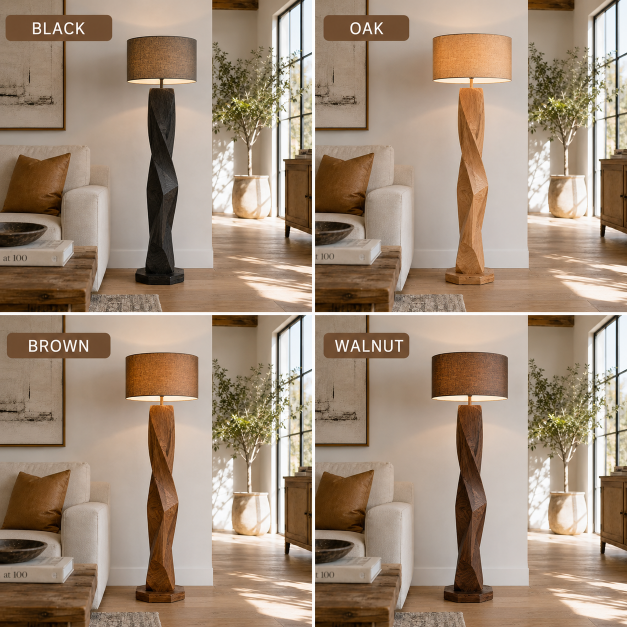Geometric Wood Floor Lamp – Solid Wood Standing Lamp with Fabric Shade for Living Room Decor