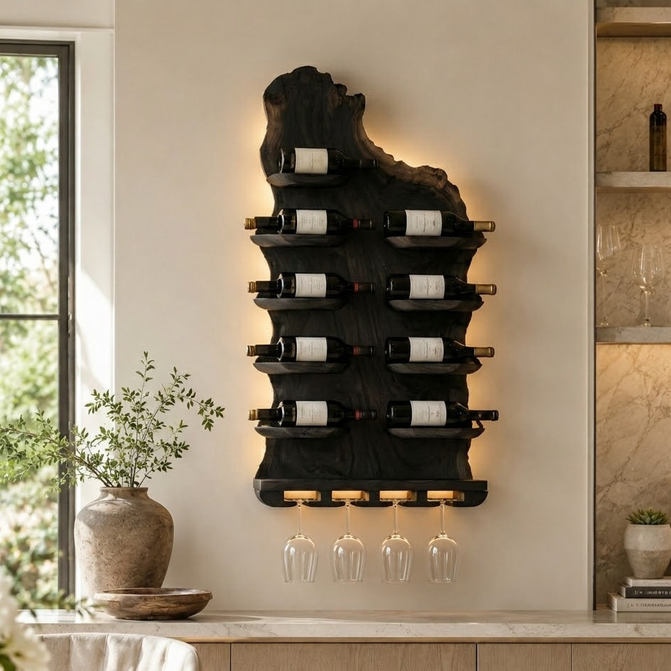 Wall-Mounted Wine Rack – Solid Wood Bottle Holder with Glass Storage
