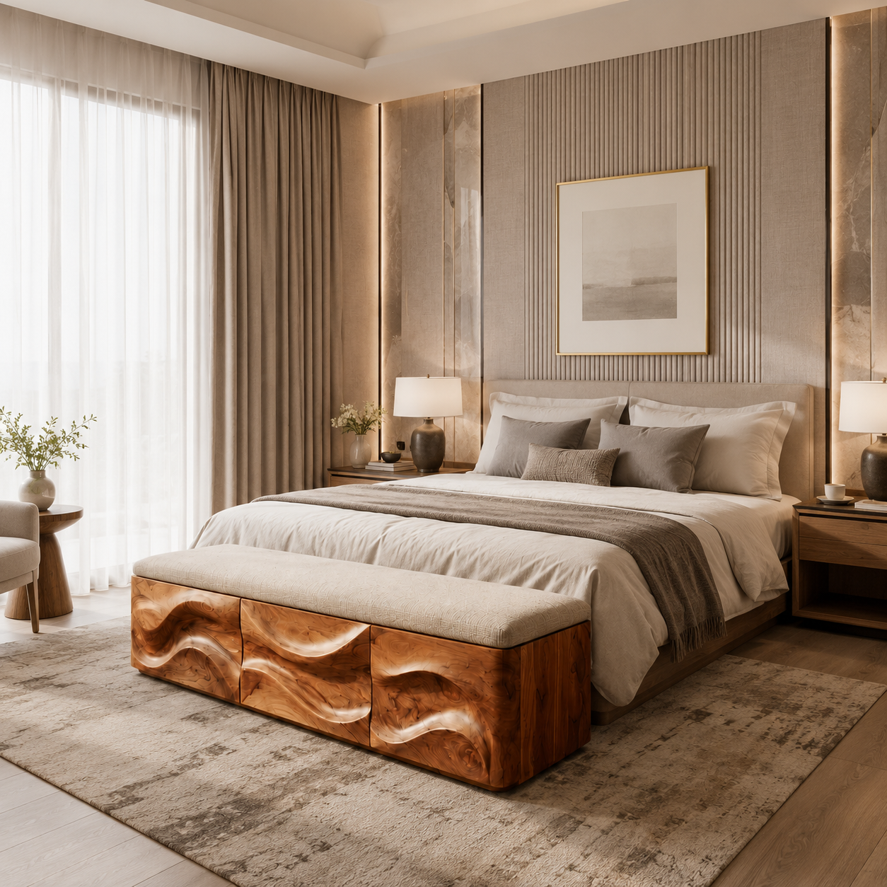 Wave Carved Wood Bedroom Bench – Solid Wood End of Bed Storage Bench with Upholstered Cushion