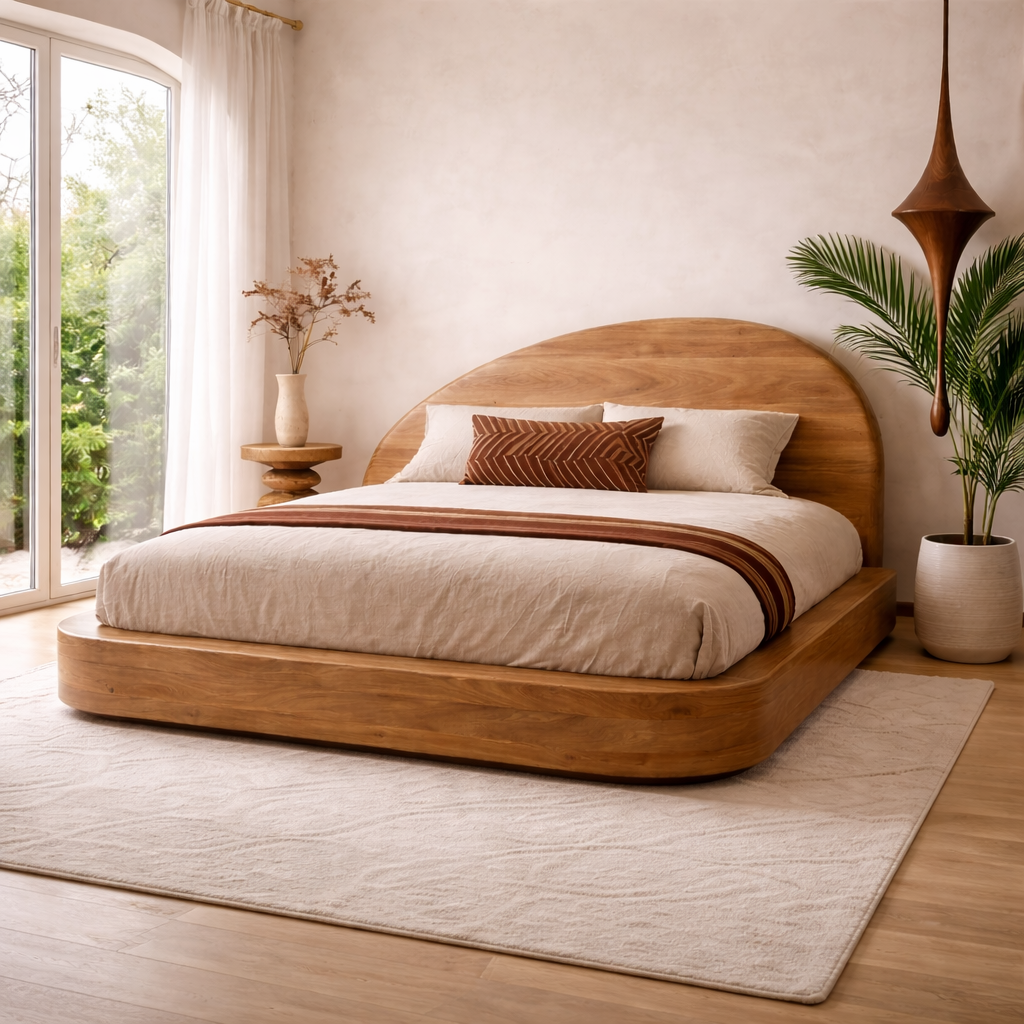 Minimalist Wooden Bed Frame with Curved Headboard – Organic Design