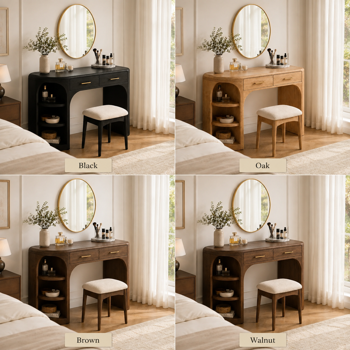 Makeup Vanity Table – Solid Wood Vanity with Round Mirror and Stool