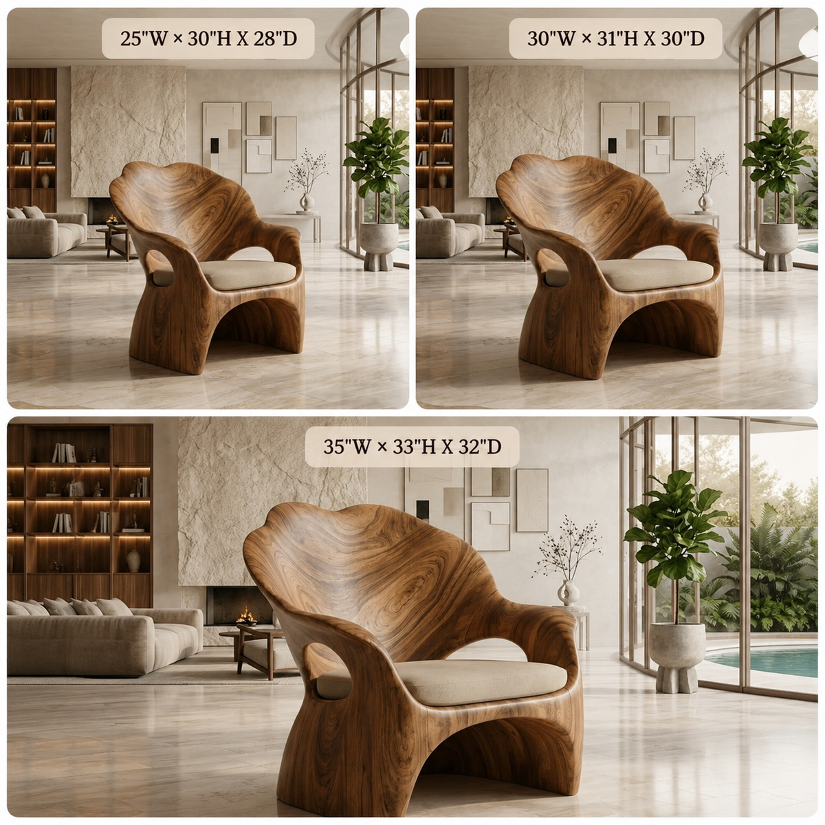Sculptural Lounge Chair – Solid Wood Accent Chair with Cushioned Seat