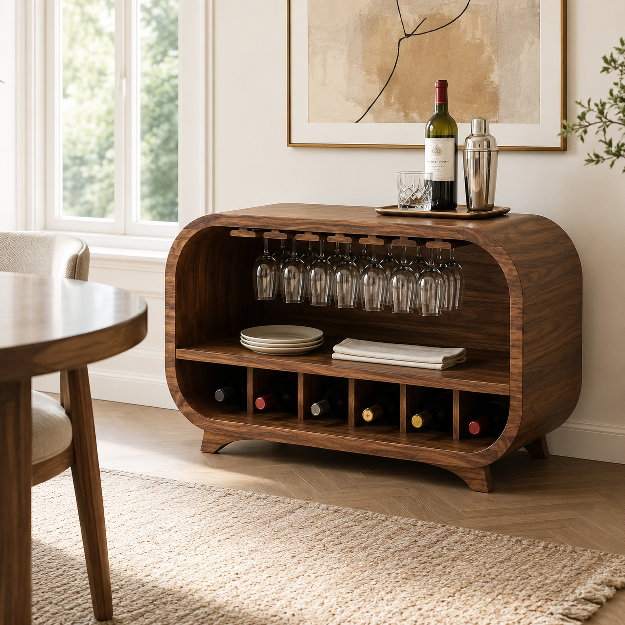 Curved Wood Bar Cabinet – Solid Wood Wine Storage Cabinet with Glass Holder for Living Room Decor