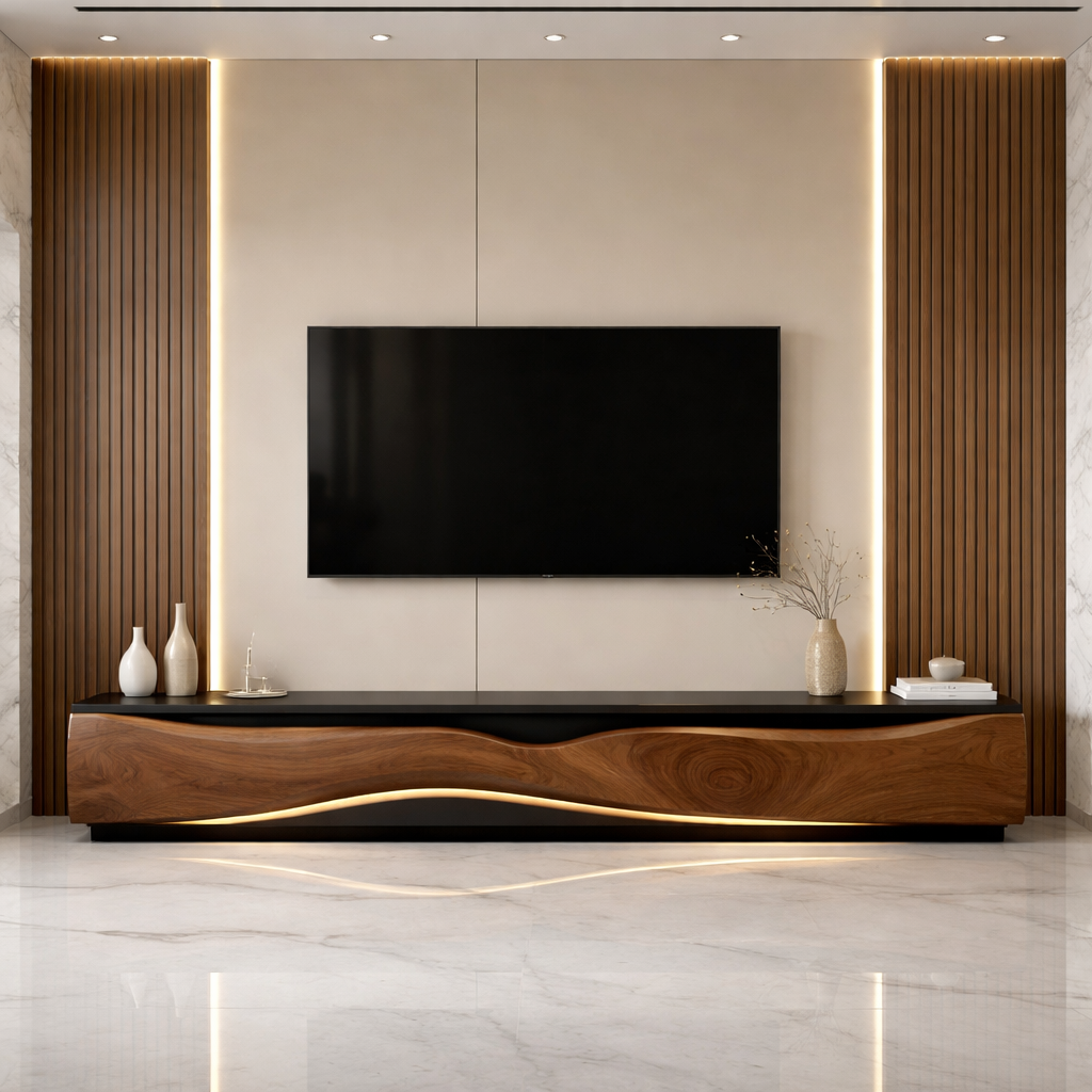 Solid Wood Wave Media Console – Sculptural Low-Profile TV Stand