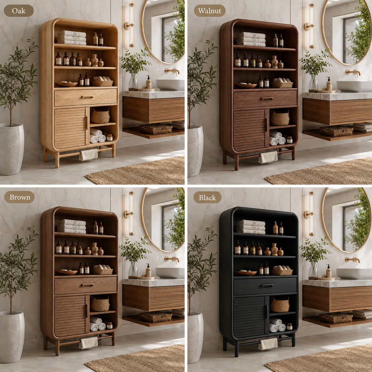 Rounded Wood Bathroom Storage Cabinet – Solid Wood Linen Cabinet with Shelves for Bathroom Decor