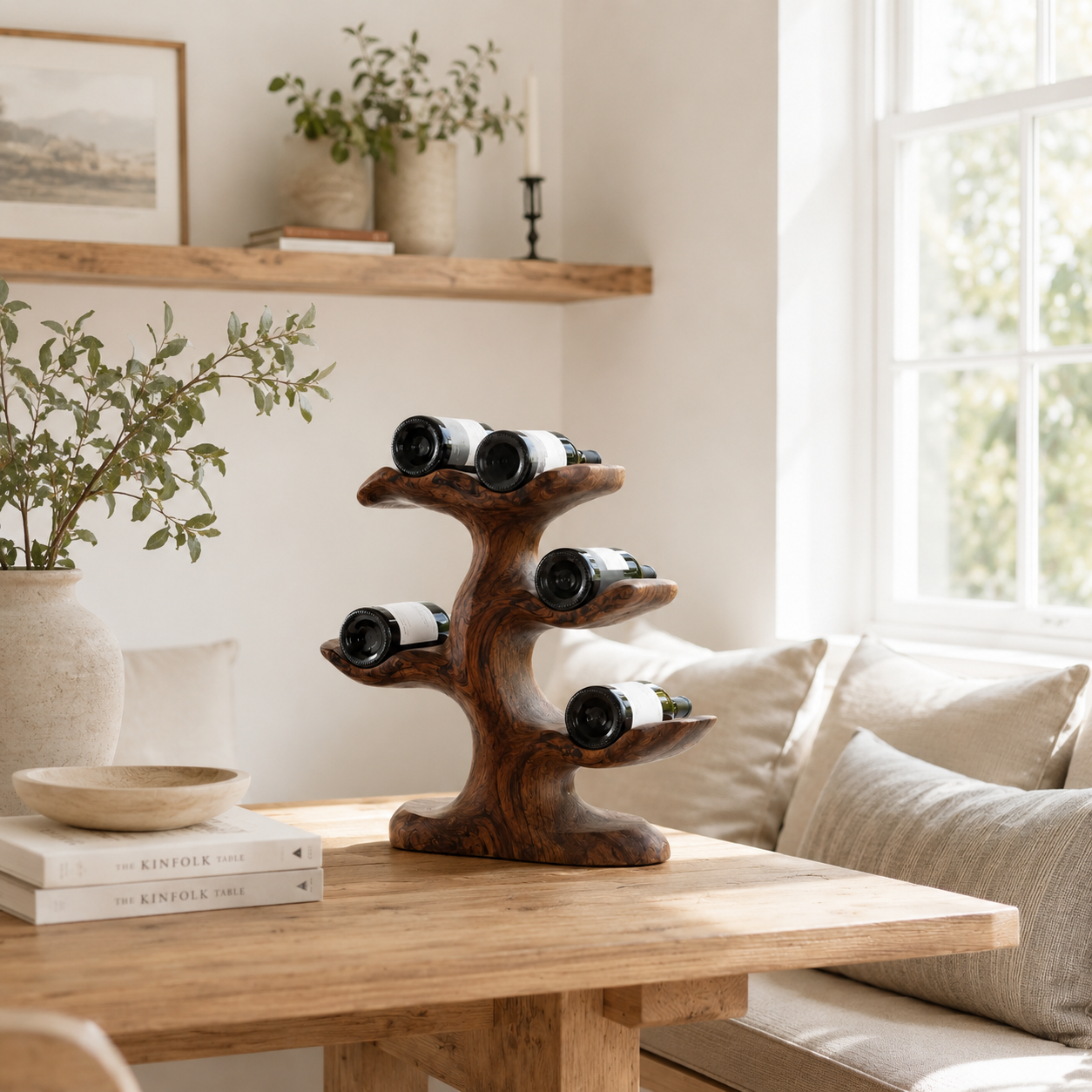 Tree Branch Wood Wine Rack – Solid Wood Bottle Display Stand for Dining Room Decor