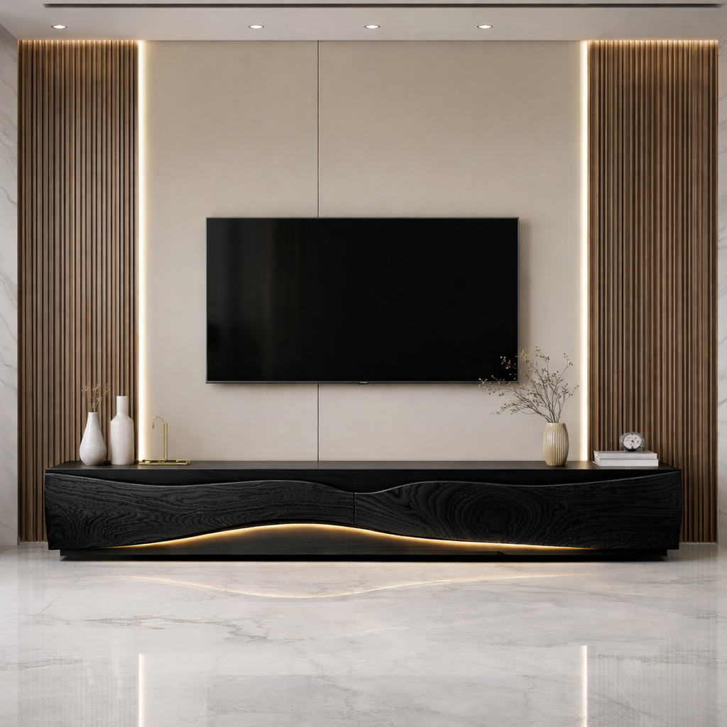 Solid Wood Wave Media Console – Sculptural Low-Profile TV Stand