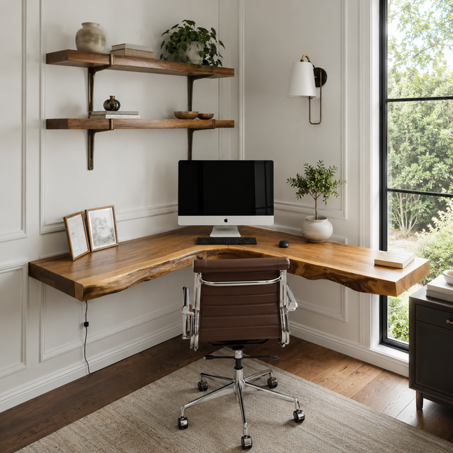 Live Edge Corner Desk – Solid Wood Floating Computer Desk for Home Office Decor Hover Image