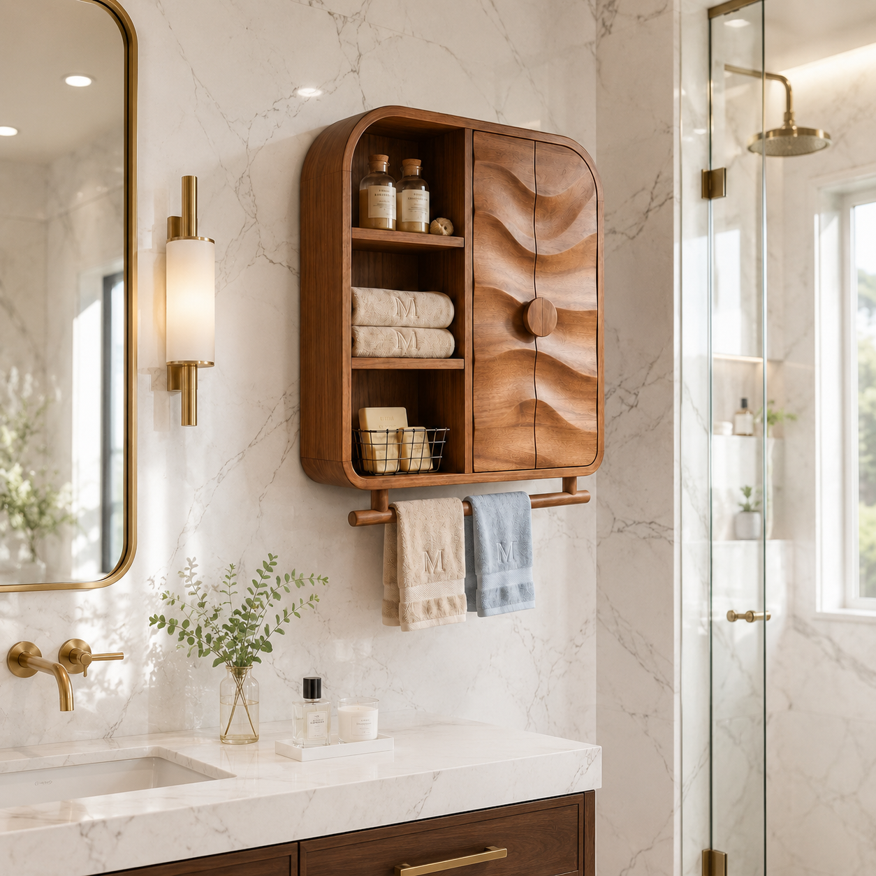 Carved Wood Bathroom Cabinet – Solid Wood Wall Mounted Storage Cabinet with Towel Bar for Bathroom Decor