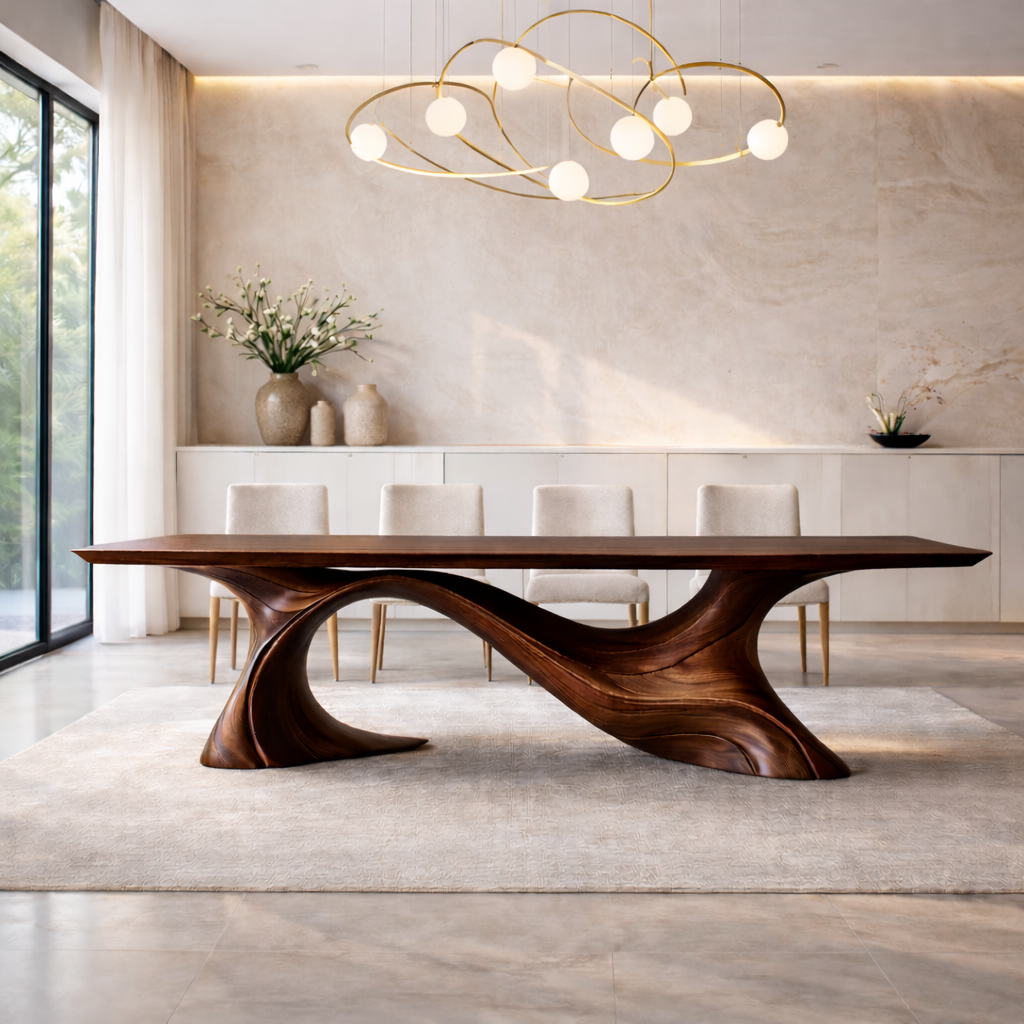 Wave Base Dining Table – Sculptural Solid Wood Table for Luxury Dining Room