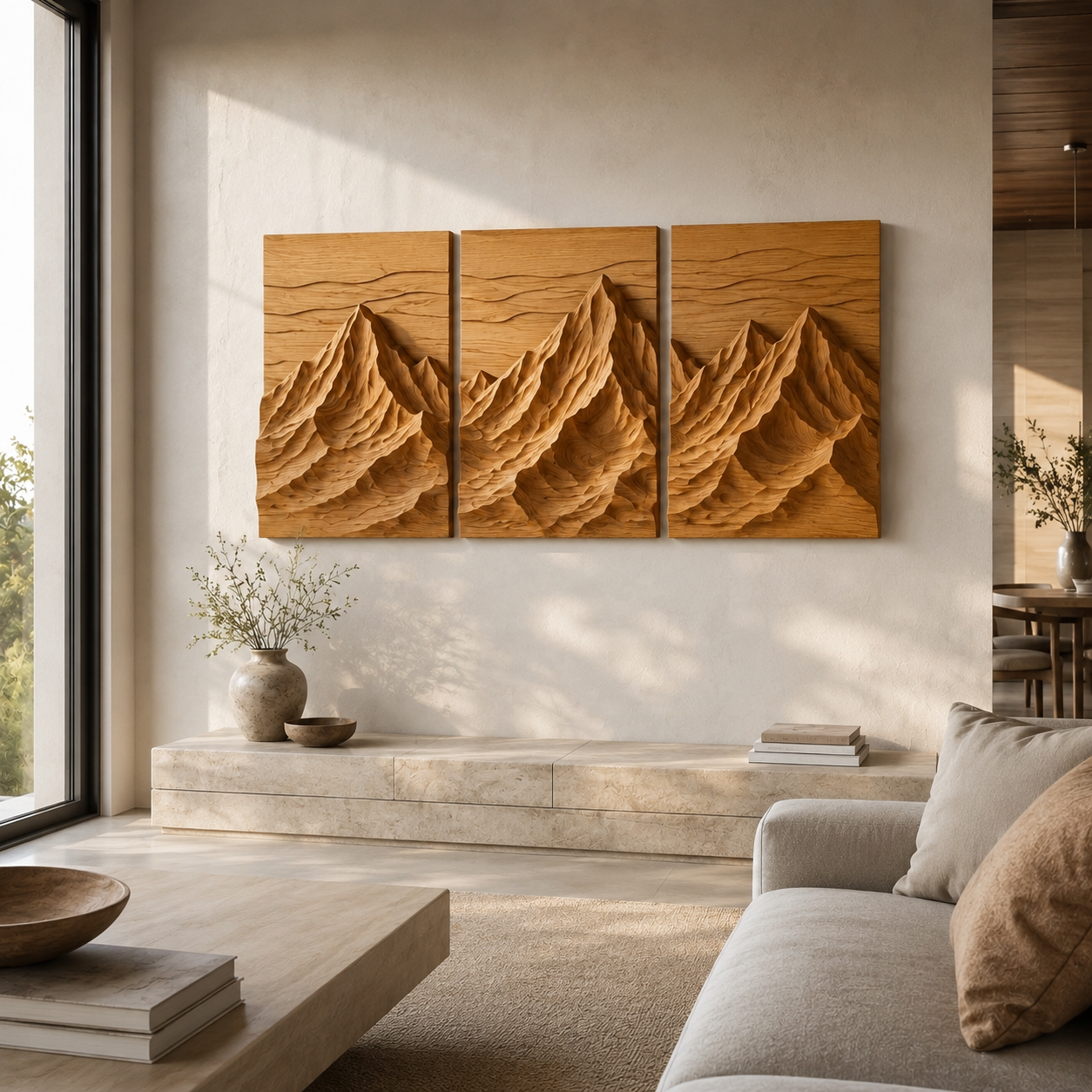 Mountain Wood Wall Art – Solid Wood 3 Panel Carved Wall Decor for Entryway Decor