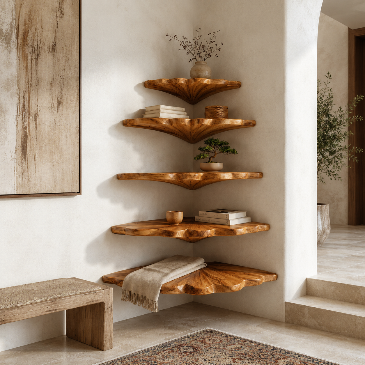 Tree Branch Corner Shelf – Solid Wood Floating Display Shelf for Living Room Decor