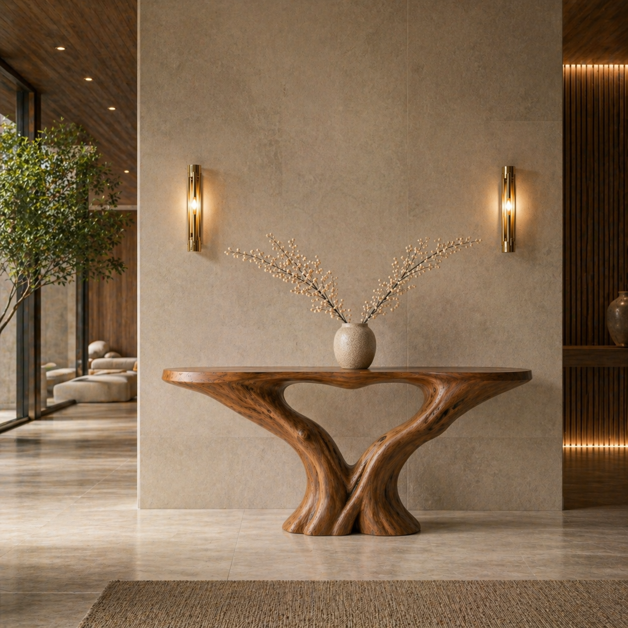 Organic X-Base Console Table – Sculptural Solid Wood Table