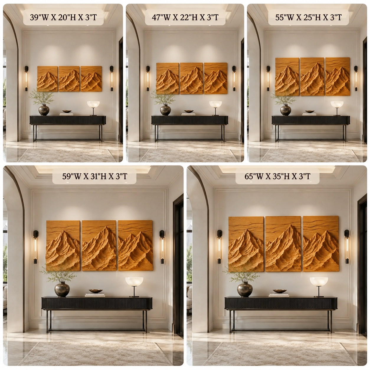 Mountain Wood Wall Art – Solid Wood 3 Panel Carved Wall Decor for Entryway Decor