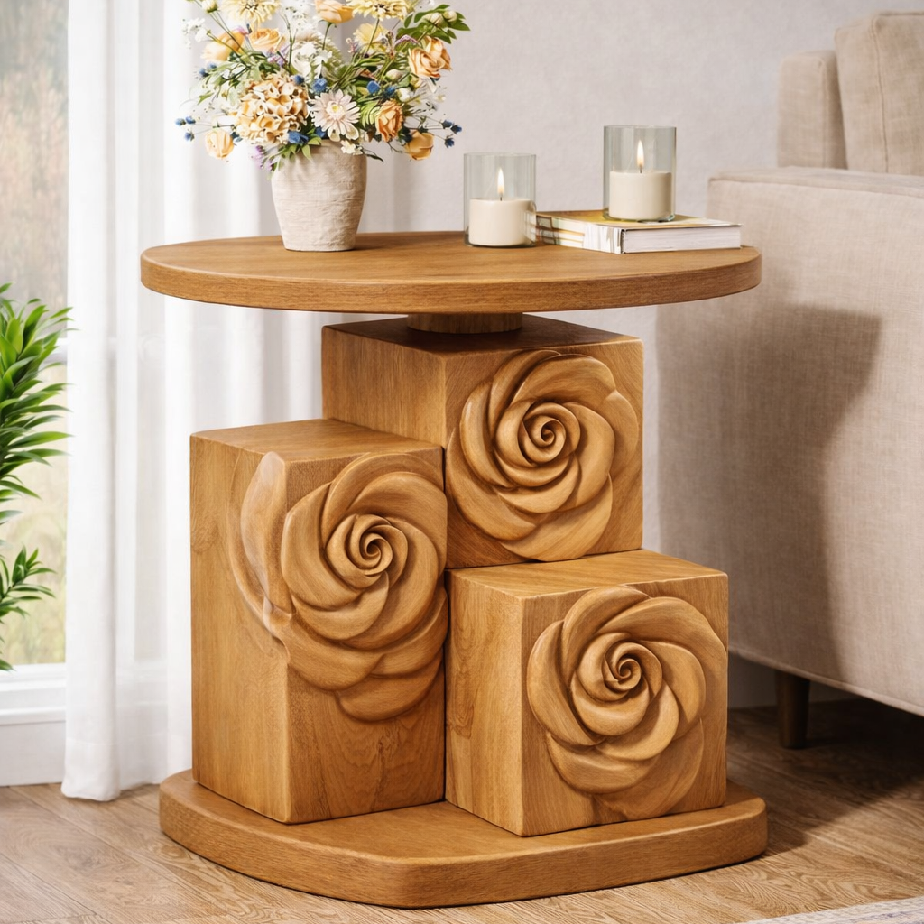 Sculptural Solid Wood Rose Side Table – Hand-Carved Floral Accent