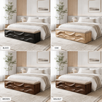 Wave Carved Wood Bedroom Bench – Solid Wood End of Bed Storage Bench with Upholstered Cushion