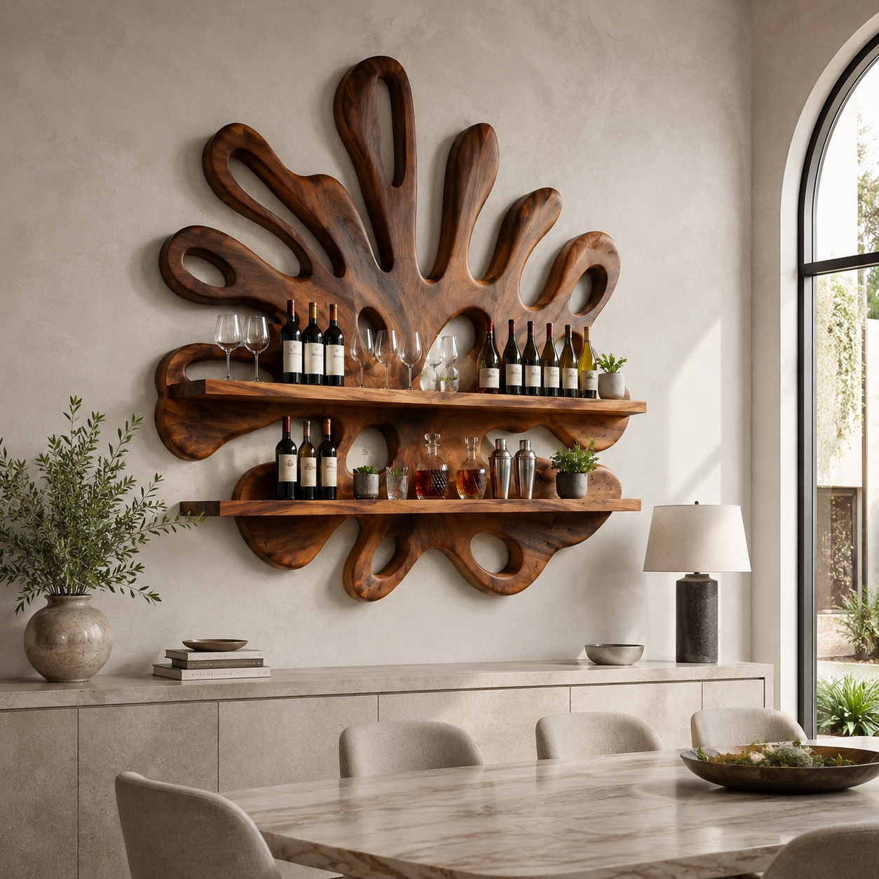 Sculptural Wood Wall Bar Shelf – Solid Wood Wine Display Shelf for Dining Room Decor
