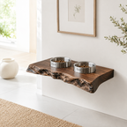 Live Edge Wood Pet Bowl Shelf – Solid Wood Wall Mounted Feeding Station for Home Decor