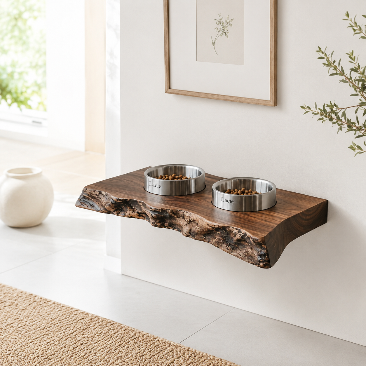 Live Edge Wood Pet Bowl Shelf – Solid Wood Wall Mounted Feeding Station for Home Decor