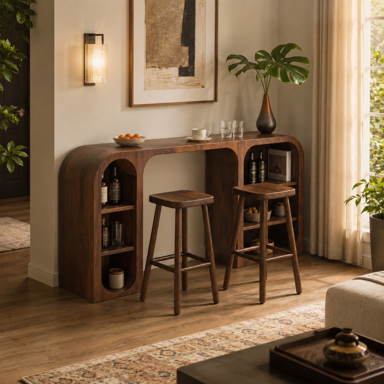 Curved Wood Bar Table Set – Solid Wood Breakfast Bar with Storage Shelves and Stools