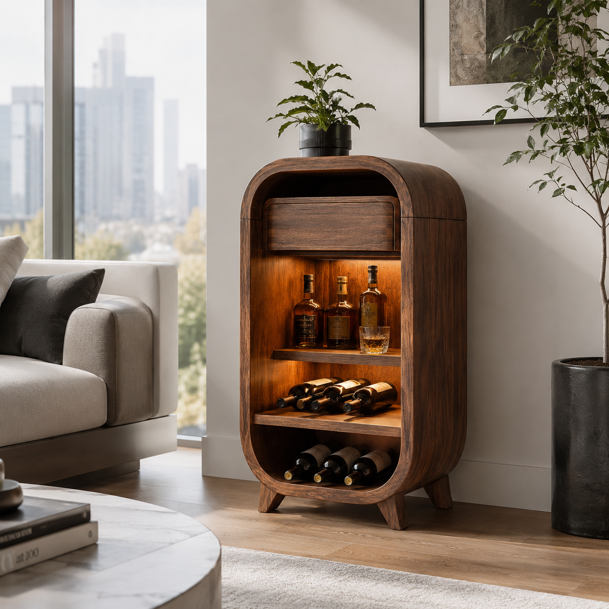 Rounded Wood Wine Cabinet – Solid Wood Bar Storage Cabinet for Living Room Decor