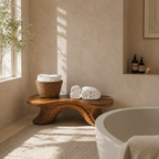 Curved Wood Bathroom Bench – Solid Wood Low Towel Bench for Spa Decor