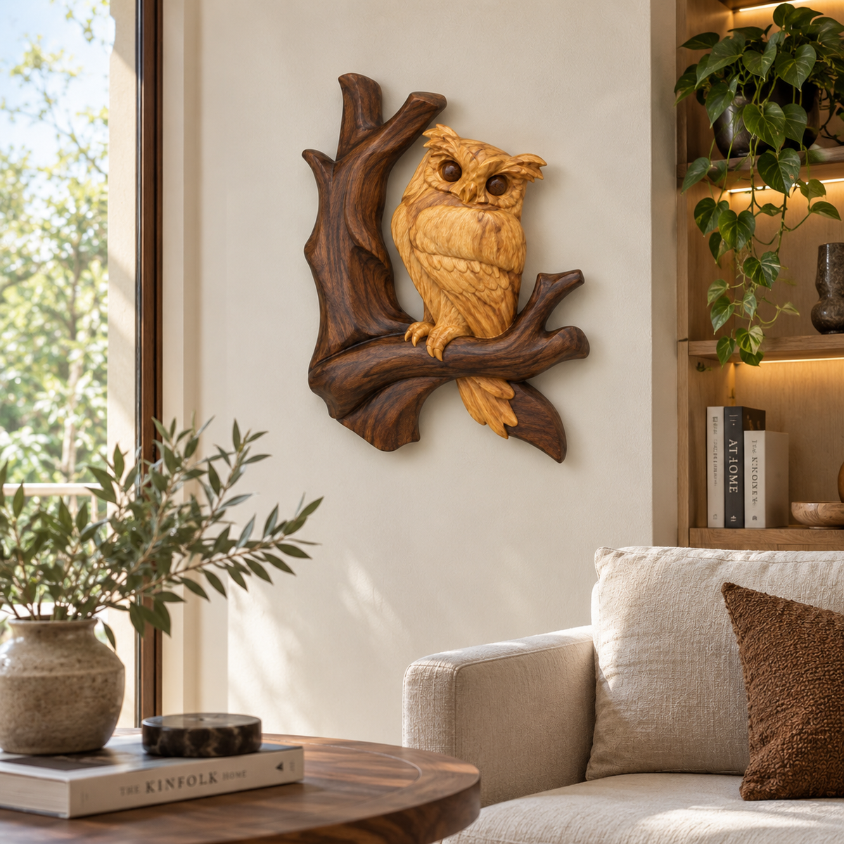 Carved Owl on Branch Wood Wall Art