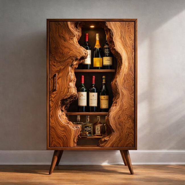 Live Edge Solid Wood Wine Cabinet – Rustic Wooden Bar Cabinet with Wine Bottle Storage and Display Hover Image