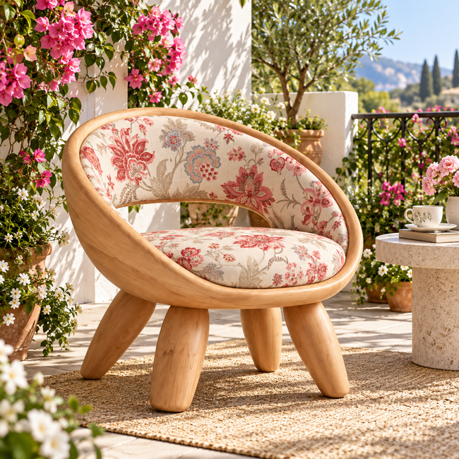 Floral Upholstered Curved Wood Accent Chair Hover Image