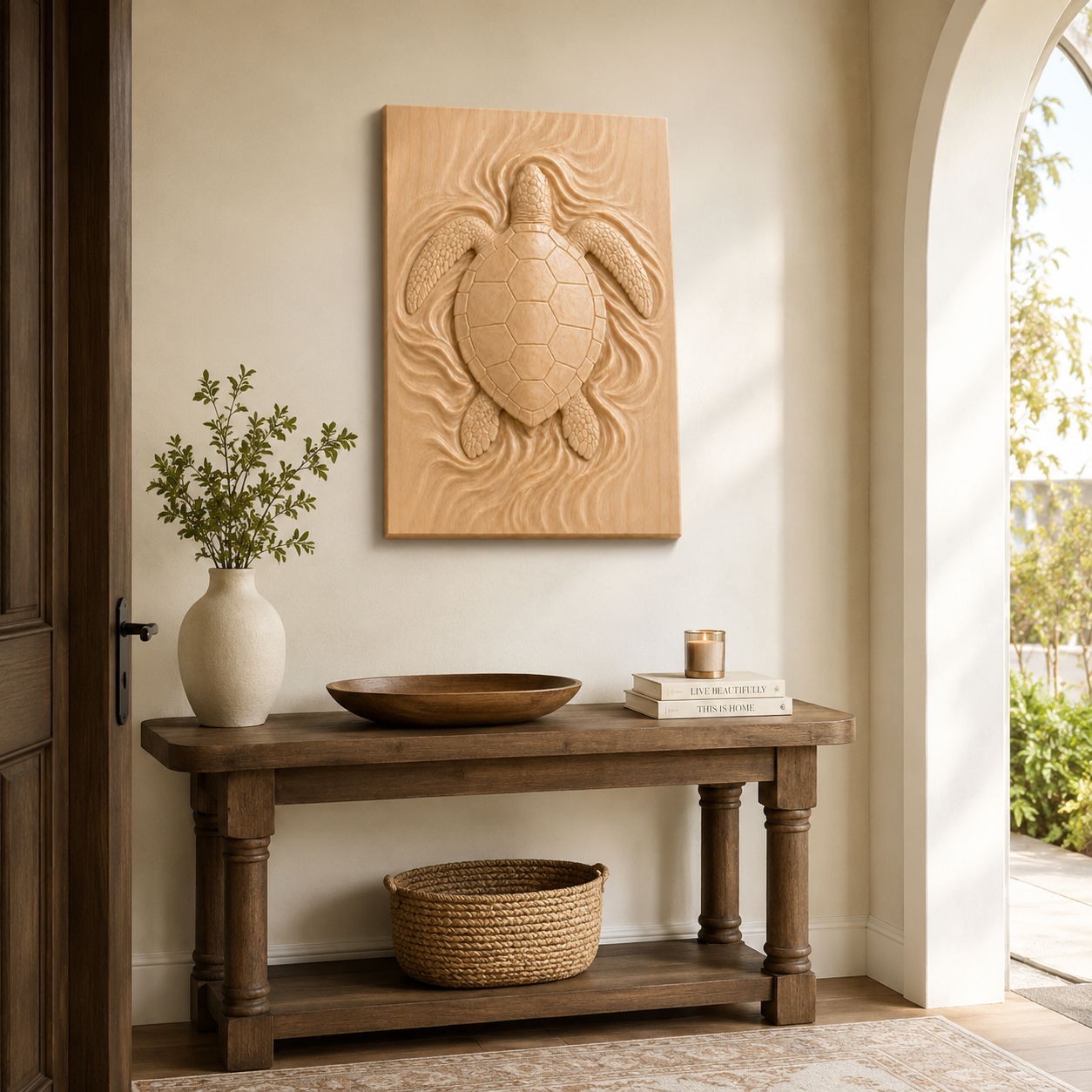 Sea Turtle Wood Wall Art – Solid Wood 3D Relief Carving for Coastal Bedroom Decor