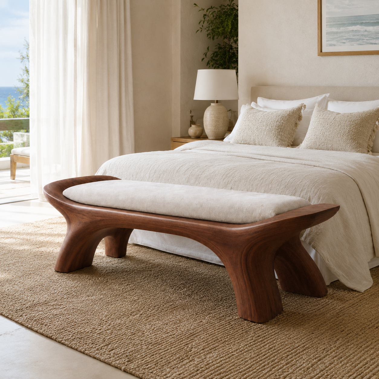 Sculptural Wood Bedroom Bench – Solid Wood End of Bed Bench with Cushion for Bedroom Decor