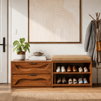 Wood Shoe Storage Bench – Solid Wood Entryway Bench with Drawers and Open Shoe Shelves