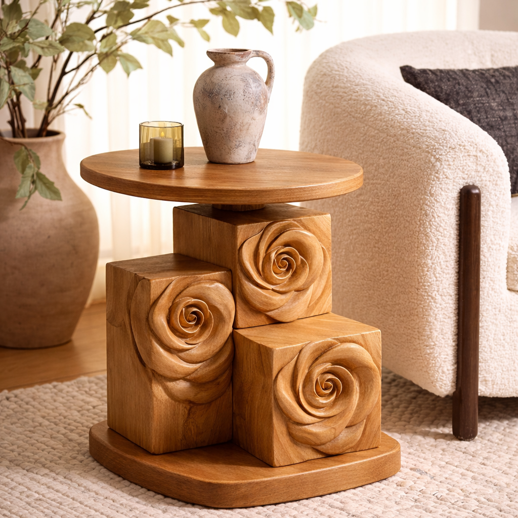 Sculptural Solid Wood Rose Side Table – Hand-Carved Floral Accent