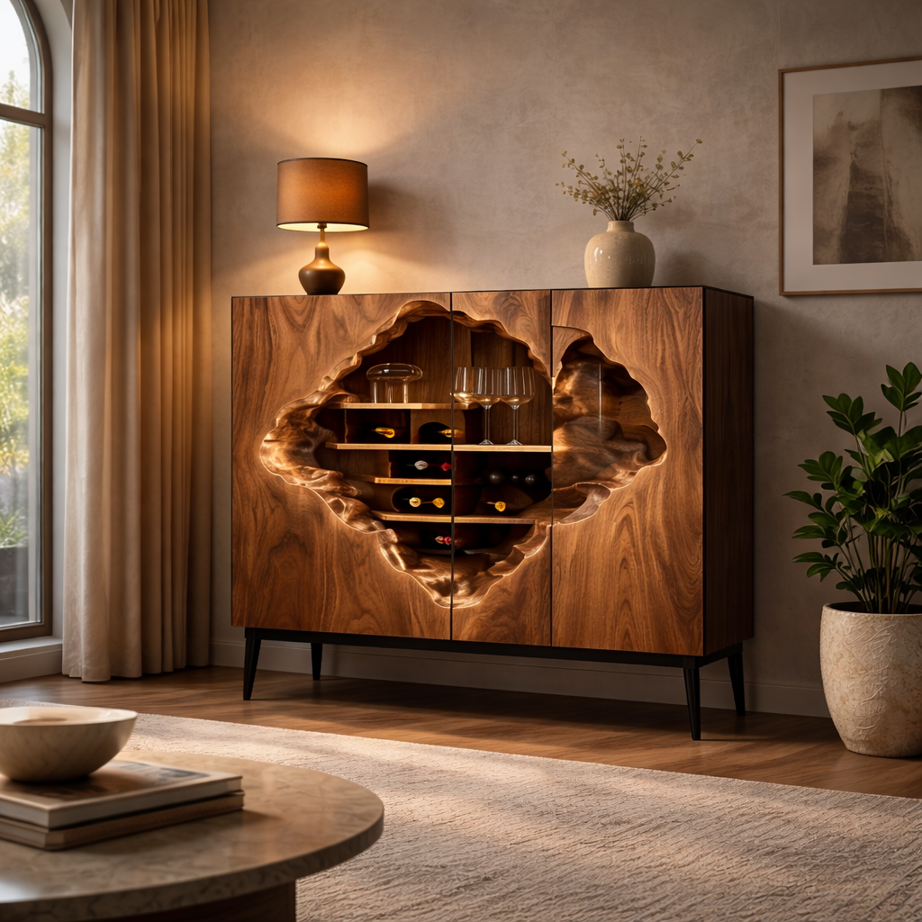 Geometric Wine Cabinet – Solid Wood Storage Cabinet for Living or Dining Room