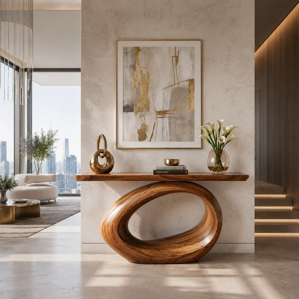 Sculptural Loop Wood Console Table