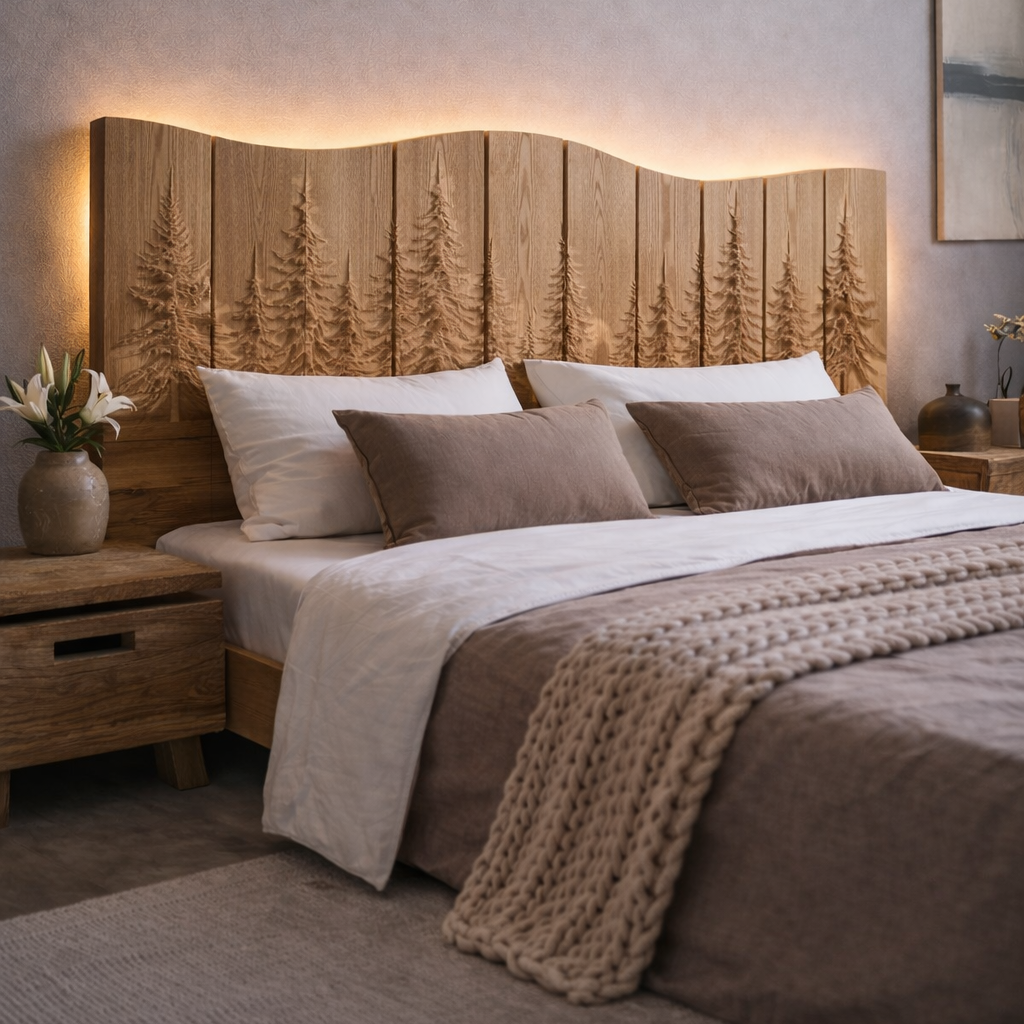 Solid Wood Bed Frame with Hand-Carved Headboard & LED Lighting