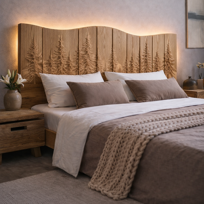 Solid Wood Bed Frame with Hand-Carved Headboard & LED Lighting Hover Image