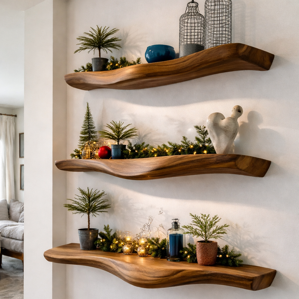 Solid Wood Live Edge Floating Shelves – Natural Rustic Storage