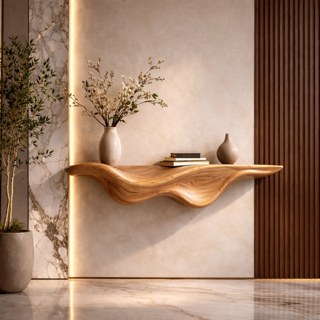 Curved Floating Shelf – Sculptural Solid Wood Wall Shelf for Living Room