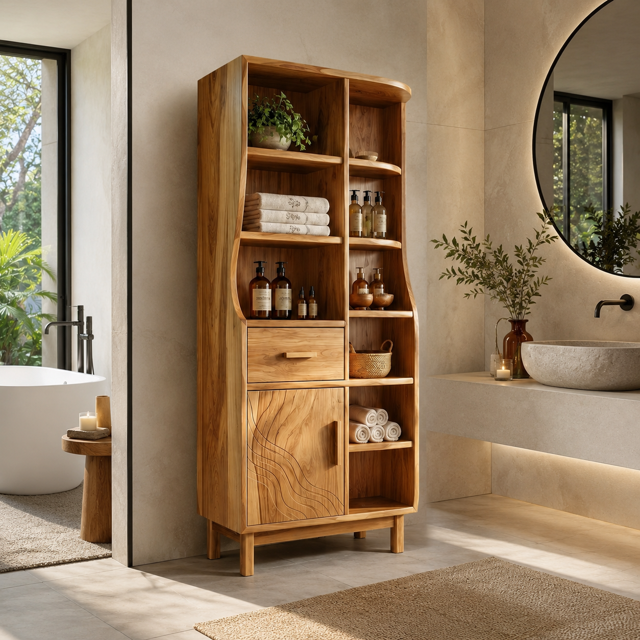 Wood Bathroom Storage Cabinet – Solid Wood Linen Cabinet with Shelves for Bathroom Decor