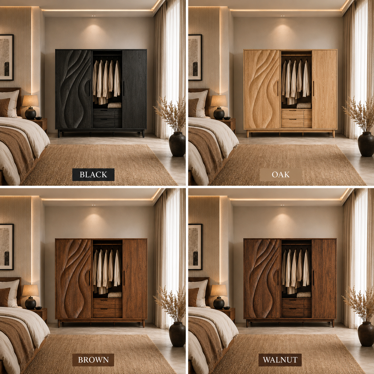 Carved Wood Wardrobe – Solid Wood Sliding Closet Cabinet for Bedroom Decor
