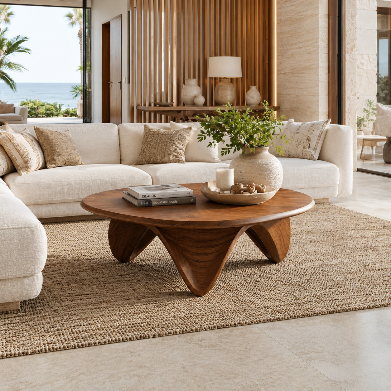 Sculptural Petal Base Wood Coffee Table