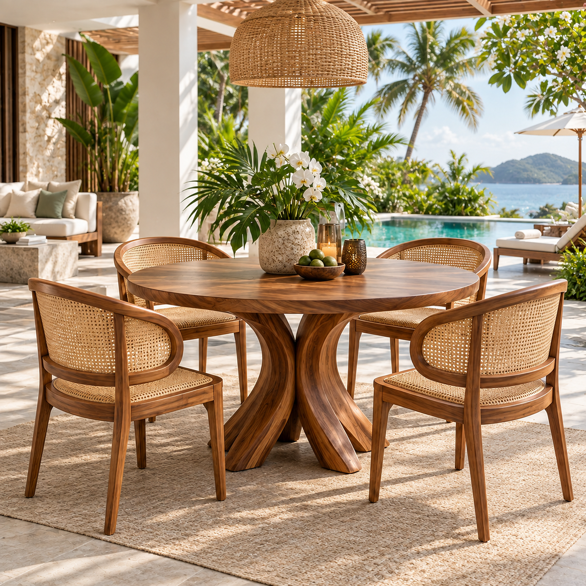 Sculptural Petal Base Round Wood Dining Table