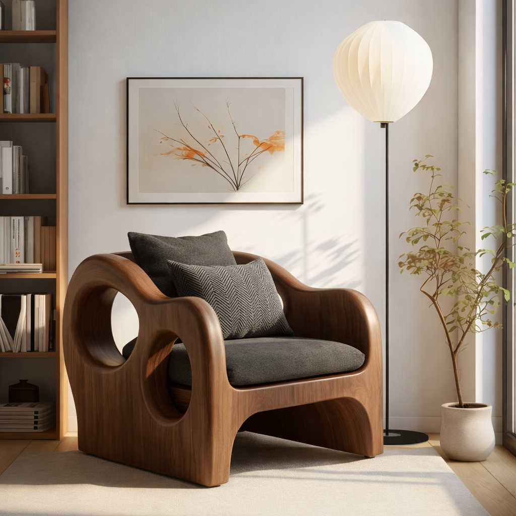 Solid Wood Sculptural Lounge Chair with Circular Arms – Statement Accent Seating
