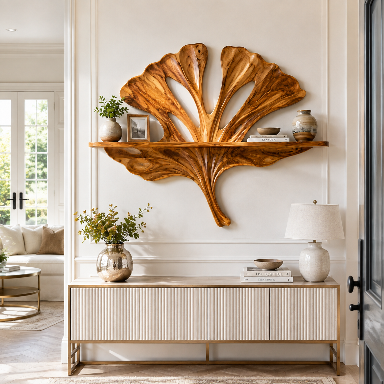 Ginkgo Leaf Sculptural Wood Wall Shelf