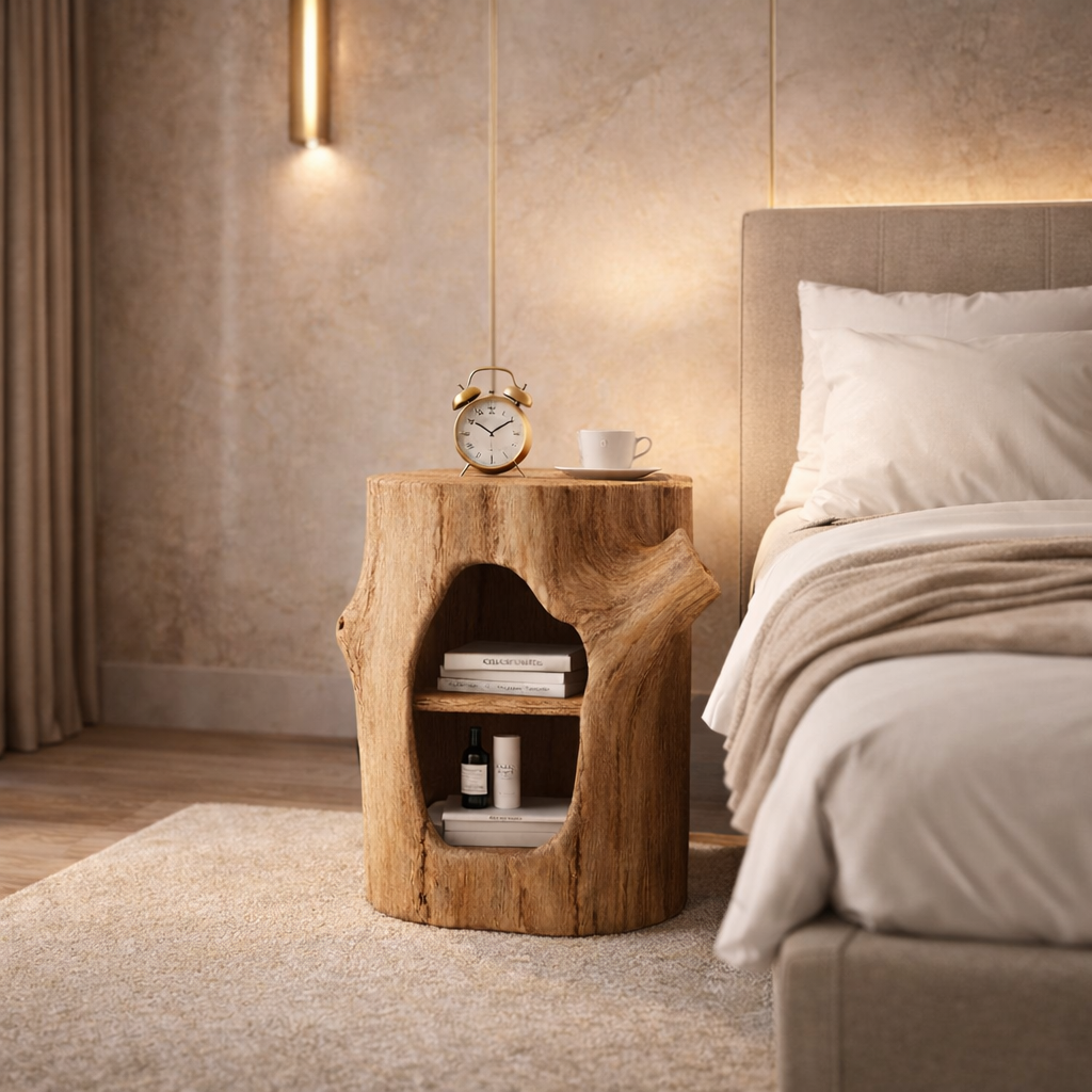 Tree Trunk Nightstand – Solid Wood Bedside Table for Rustic Bedroom Decor