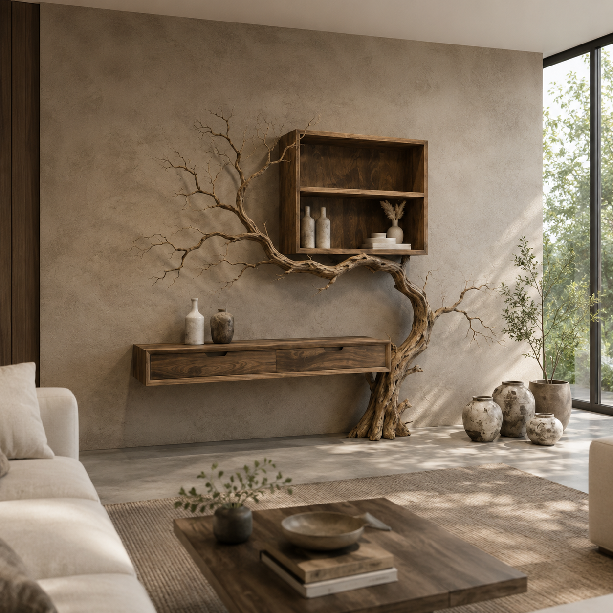 Tree Branch Wood Console Table – Solid Wood Wall Shelf with Cabinet and Sculptural Tree Base