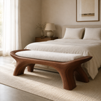Sculptural Wood Bedroom Bench – Solid Wood End of Bed Bench with Cushion for Bedroom Decor
